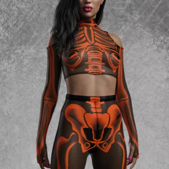 Candy Catz NEW SEXY Halftone Skeleton Orange Mesh Cold Shoulder Crop HALLOWEEN - Picture 2 of 8
